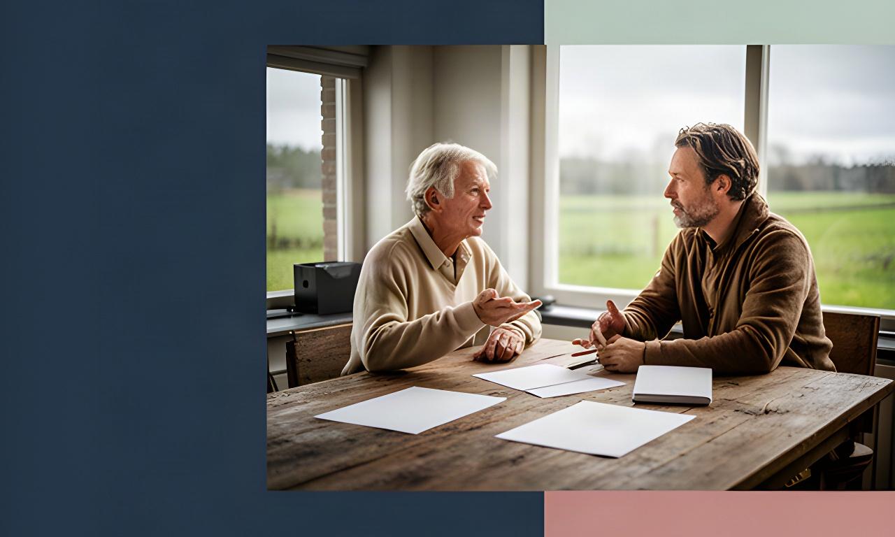 Twee generaties van een familiebedrijf bespreken de overdracht aan een houten tafel in de Achterhoek