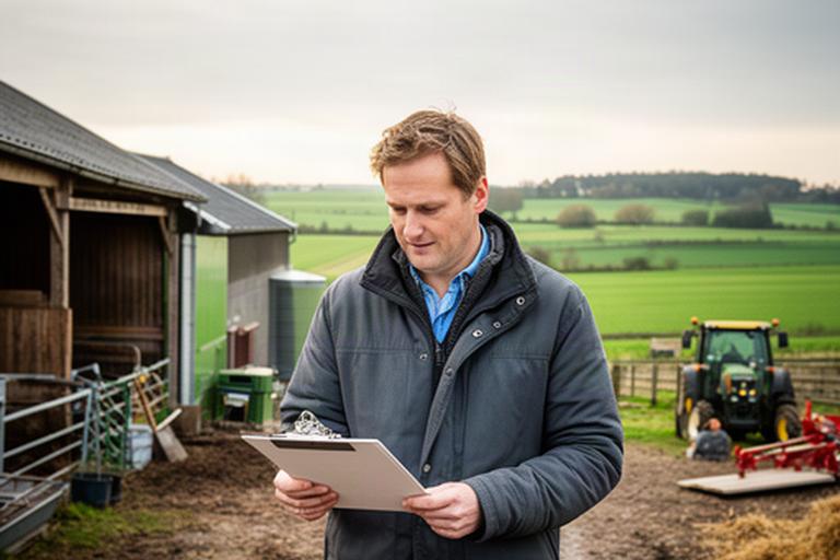 Agrarisch ondernemer inspecteert bedrijfsplanning op een erf in het Gelderse buitengebied