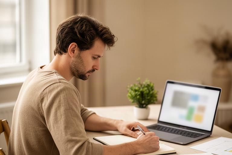 Zelfstandige ondernemer werkt aan positionering en financiële planning in een rustige werkruimte