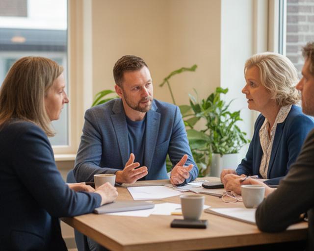 Ondernemers en adviseur in gesprek tijdens een regionaal overleg in de Achterhoek