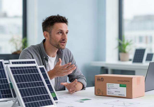 Ondernemer bespreekt een duurzaam energieconcept naast zonnepanelen en een verpakte webshopbestelling in een werkruimte